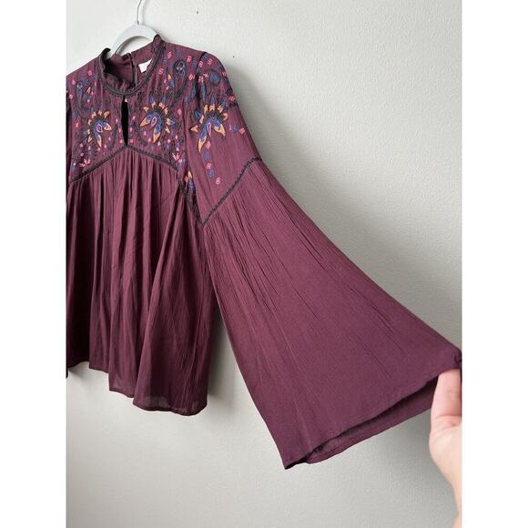 Parker Womens Boho Blouse Embroidered Flare Sleeves Purple High Neck Size M - Picture 11 of 12